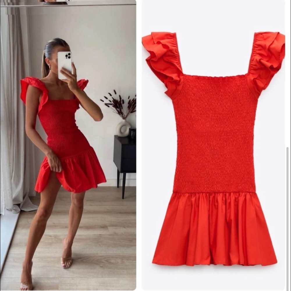 NWT Zara bright red ruffles smocked mini dress